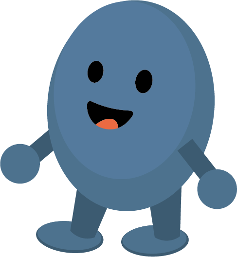 a blue character smiling and looking at the kiosk