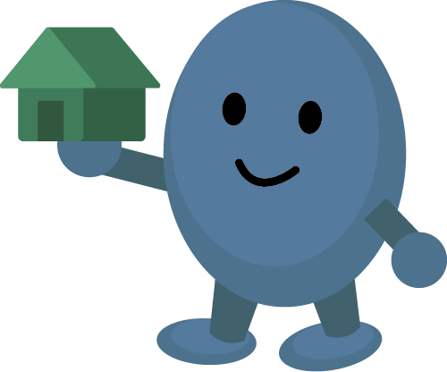 a blue character smiling and looking at the kiosk