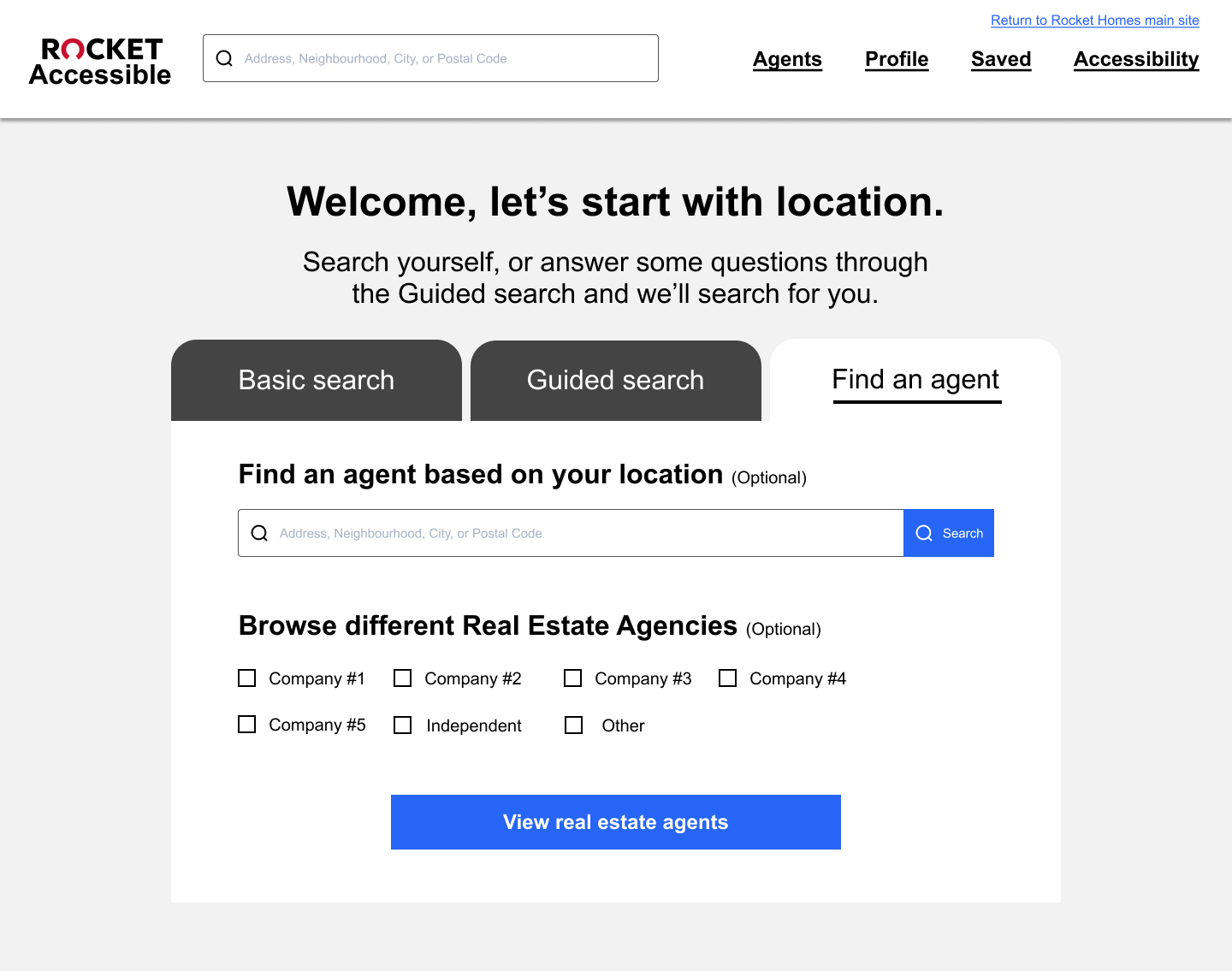 On this screen users can enter a location and search for a real estate agent in that location. They can also select a specific real estate agency to find an agent in that agency.