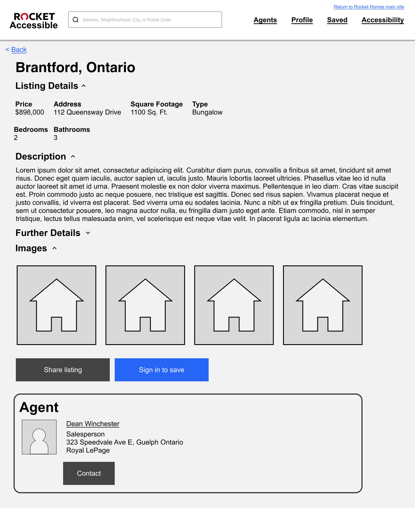 This page shows information about the listing including a written description of the home, a dropdown for further details, images of the home, buttons to share or save the listing, and information about the agent who posted the listing.