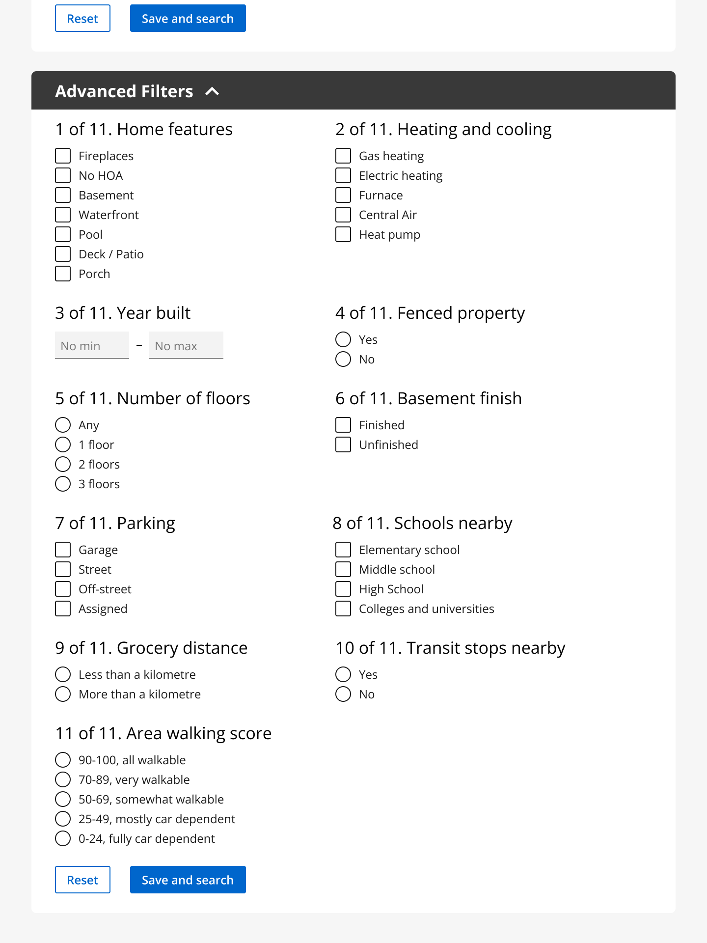 In the Advanced Filters dropdown, users can find filters for home features, heating and cooling, year built, fenced property, number of floors, basement finish, parking, schools nearby, grocery distance, transit stops nearby, and area walking score.