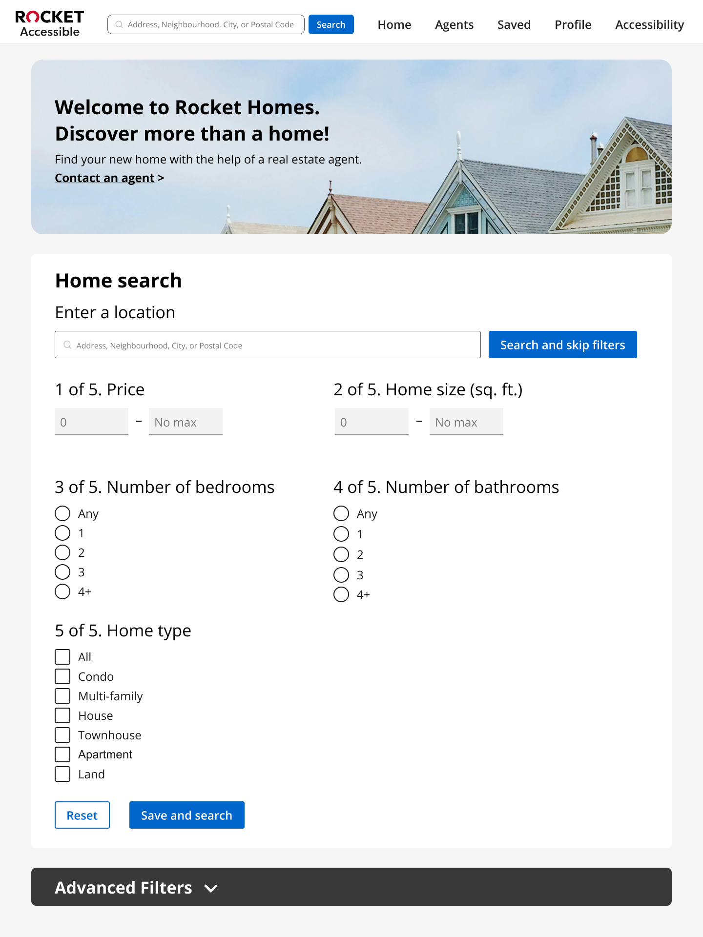 A banner at the top of the page says Welcome to Rocket Homes. Discover more than a home! Below this is a link to Contact an agent. Below this is the Home search form where users can enter a location and search. They can also filter by price, home size or square feet, number of bedrooms, number of bathrooms, and home type. Below this is a dropdown for advanced filters.