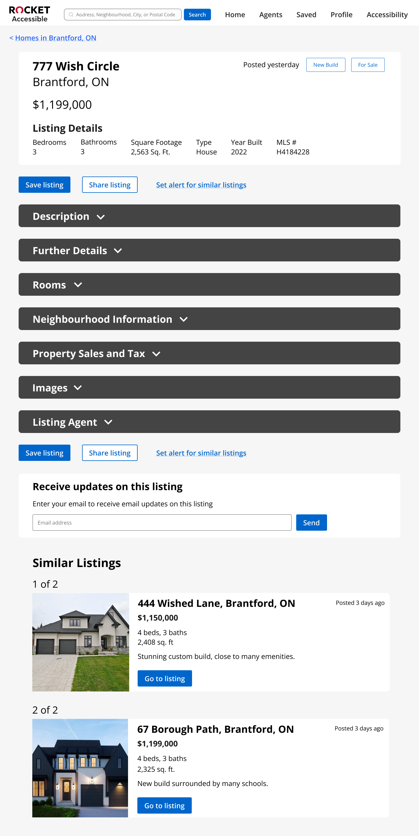 The new listing details page has dropdowns for the following headers: description, further details, rooms, neighbourhood information, property sales and tax, images, and listing agent.