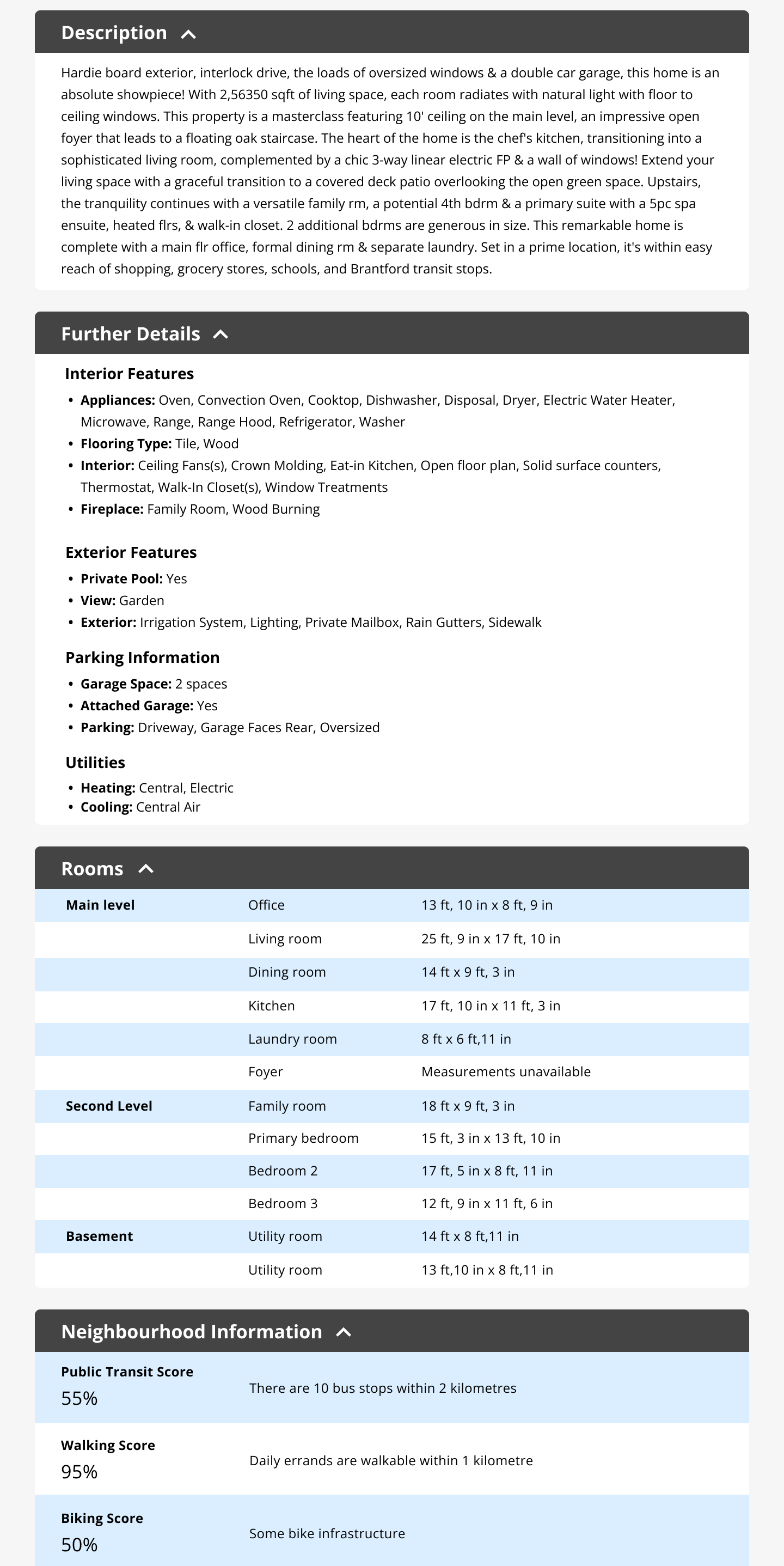 The following dropdowns have been expanded: description, further details, rooms, and neighbourhood information. Description includes a written description of the home. Further Details includes information about the interior features, exterior features, parking information, and utilities. Rooms includes a breakdown of the dimensions of all the rooms organized based on the floor that the room is on. Neighbourhood information includes scores out of 100 for public transit, walking, and biking with further information about each method of transportation explaining the reason behind the score.