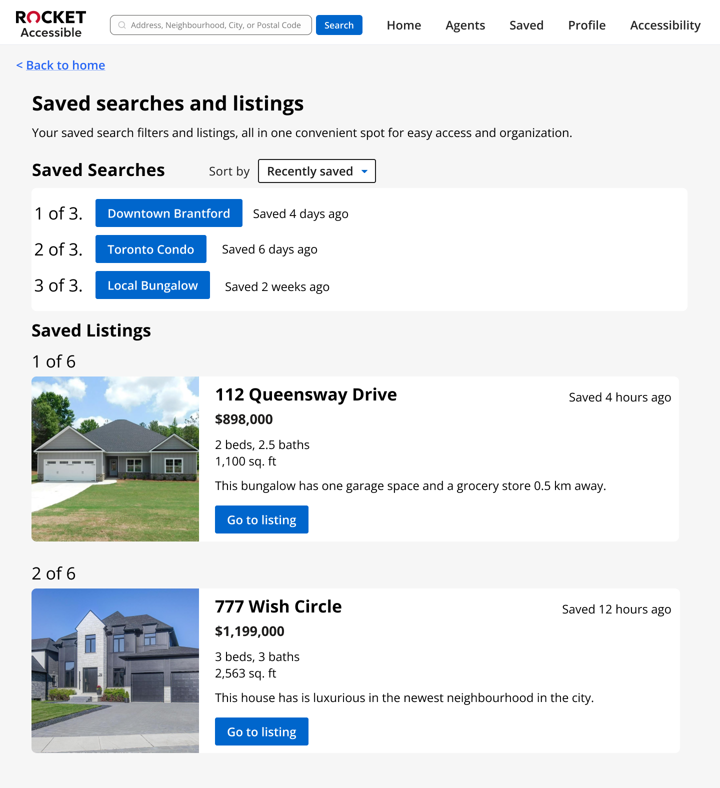 3 saved searches and 2 of the 6 saved listings appear on this page.