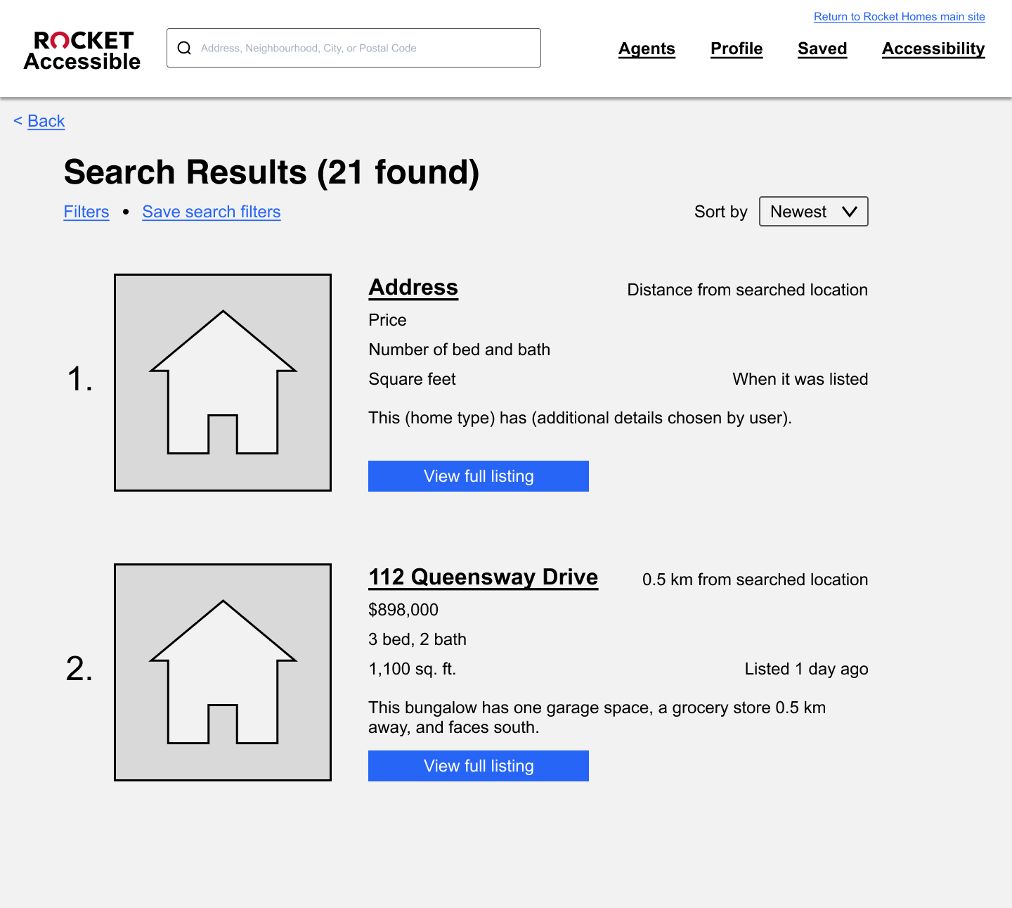 On this page, users can find the home listings that relate to what the user has searched for. The image shows two listings which appear in the search results.